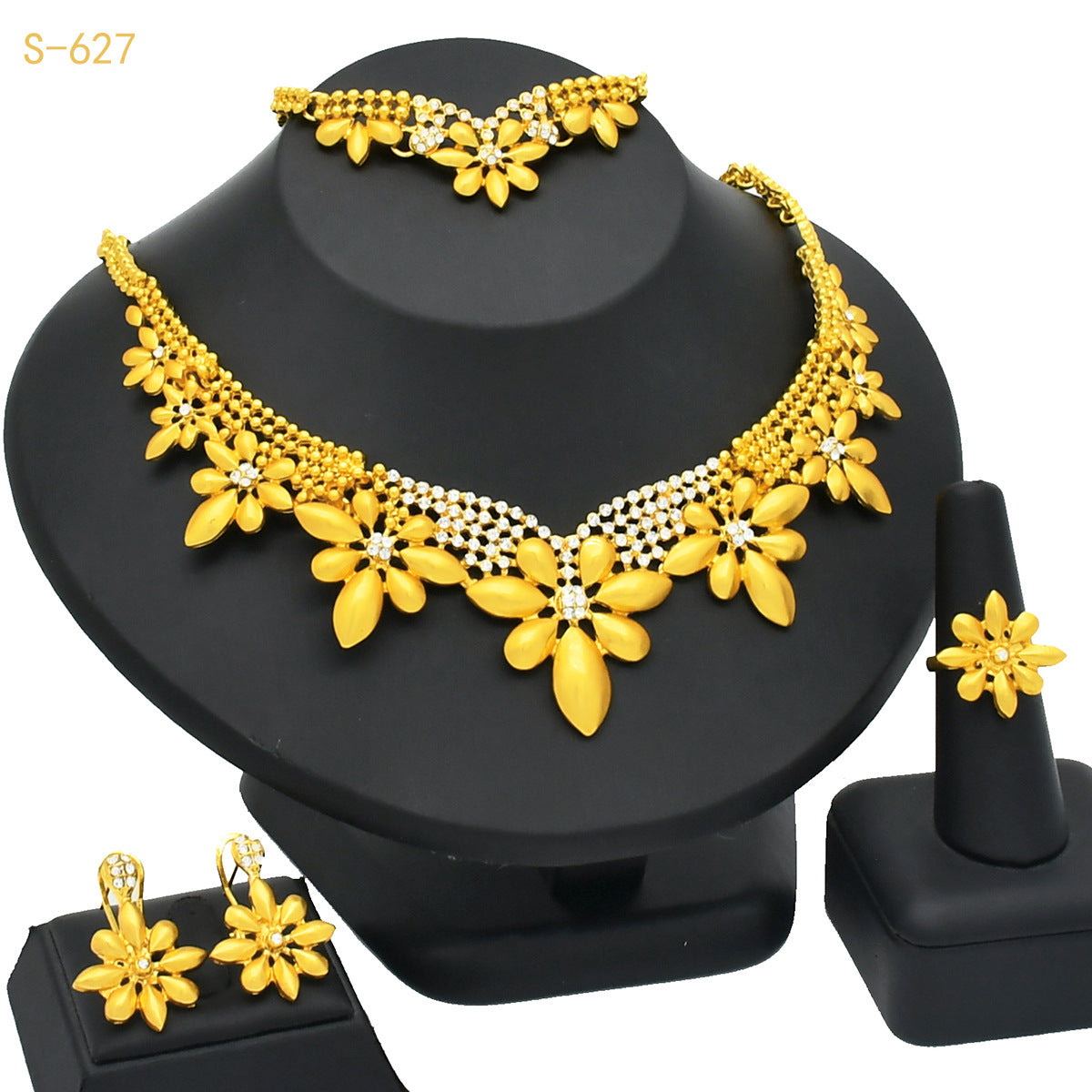 Renevo Nigeria Middle East Bride Gold-Plated Jewelry Suit Flower Exaggerated Long Necklace Ring Bracelet Earrings Four-Piece Set