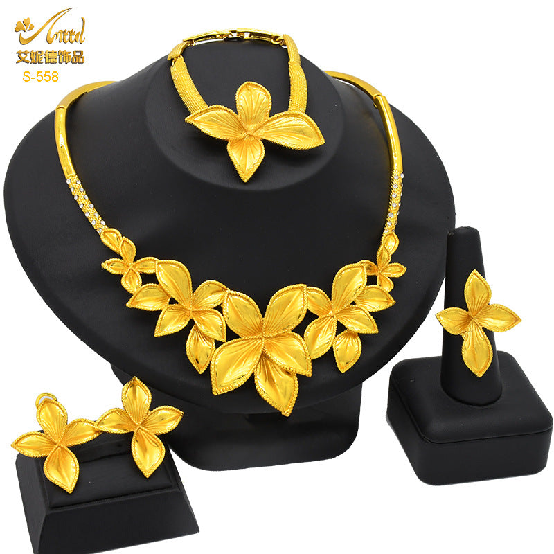 Renevo Dubai 24K Gold Accessories African Bridal Jewelry Suit Saudi Women Necklace Bracelet Earrings Four-Piece Ring Set