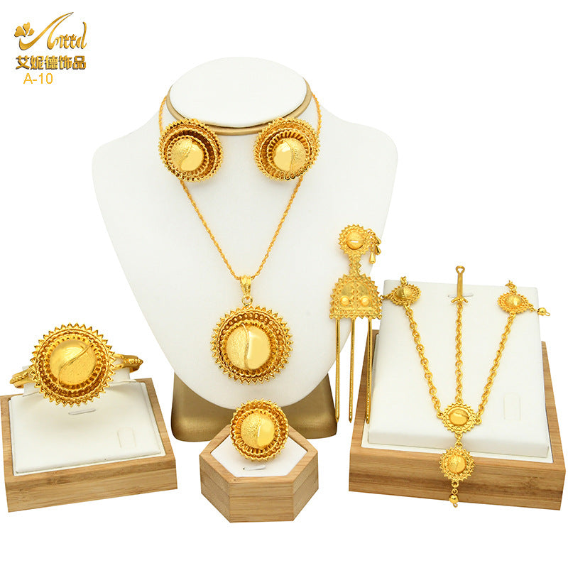 Renevo New Dubai 24K Gold Jewelry Suit African Bridal Necklace Earring Ring Bracelet Hairpin Head Chain Six-Piece Set