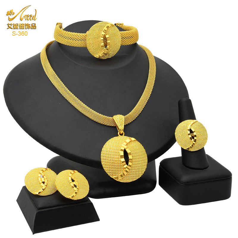 Renevo 24K Dubai Gold Accessories Bridal Necklace Bracelet Earrings Four-Piece Ring Set African Women's Jewelry Suit