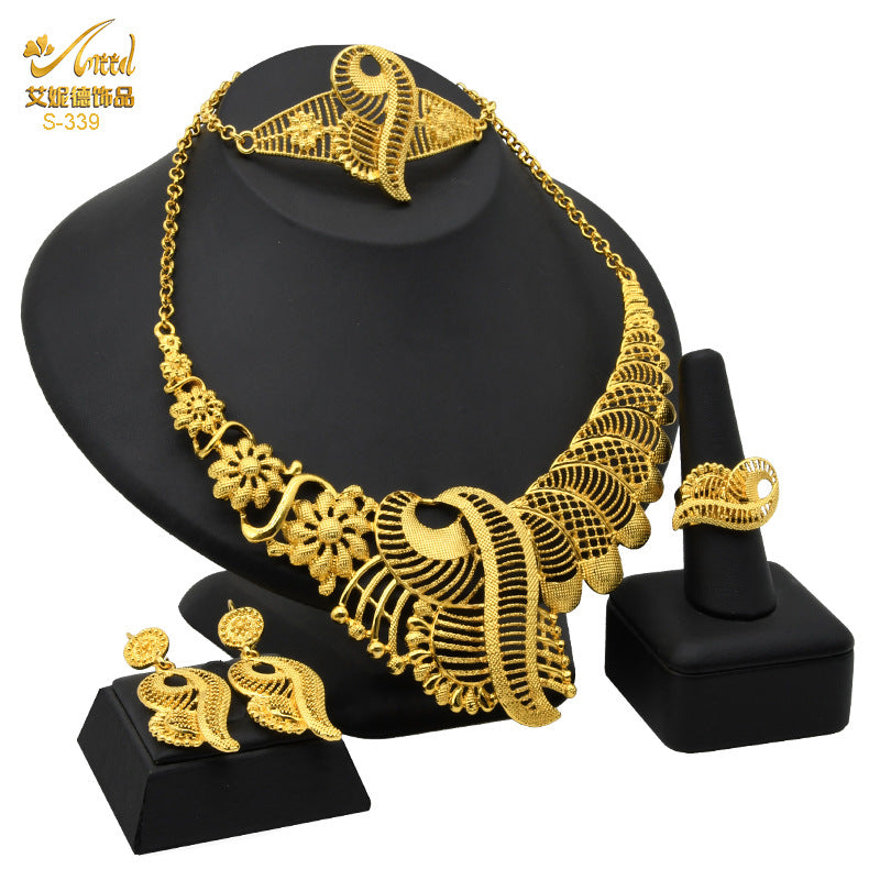 Renevo 24K Dubai Gold Accessories Bridal Necklace Bracelet Earrings Four-Piece Ring Set African Women's Jewelry Suit