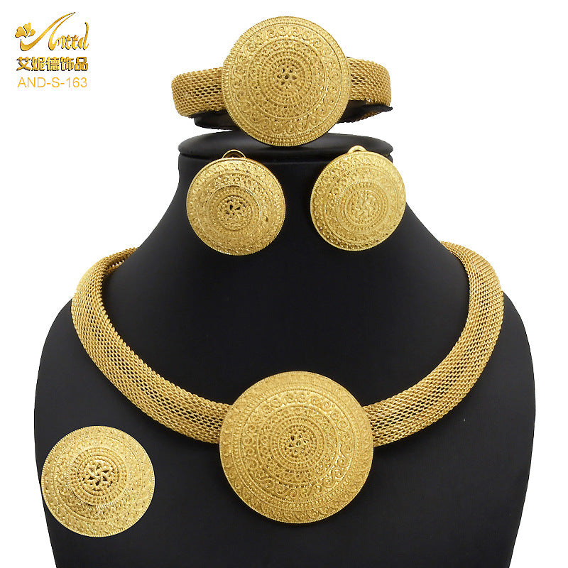 Renevo Dubai 24K Gold-Plated Jewelry Suit Indian Bridal Necklace Earring Ring Bracelet Alluvial Gold Jewelry