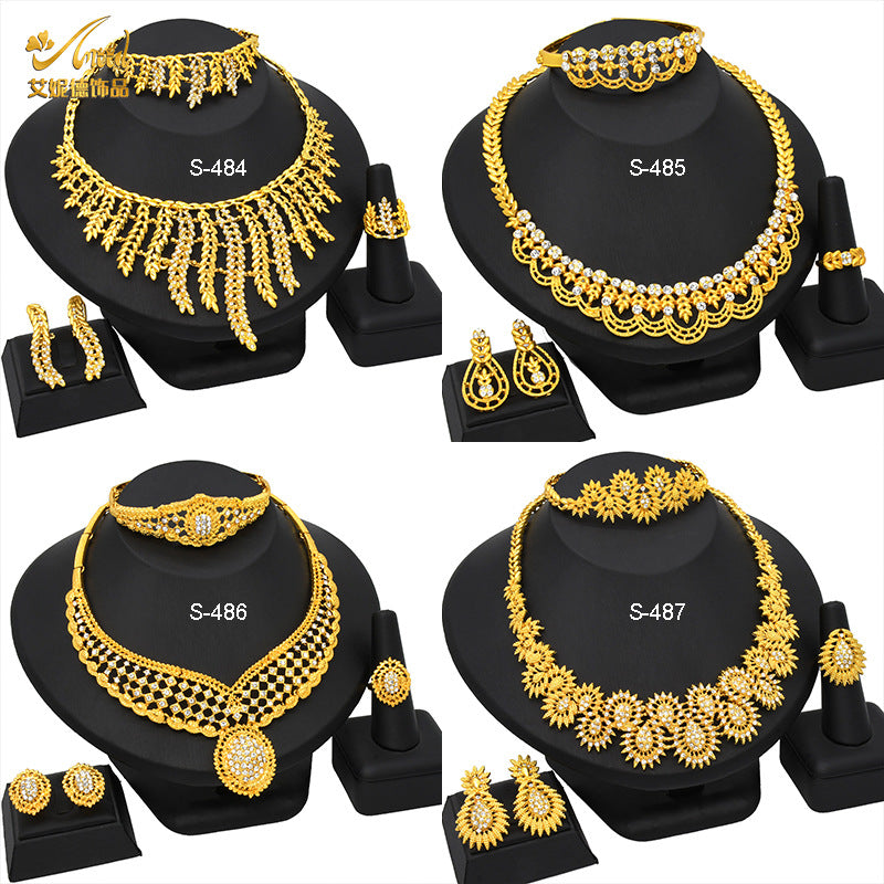 Renevo Dubai Middle East Jewelry Suit Rhinestone Necklace Suit Bracelet Ring Earrings Wedding Necklace Suit in Stock