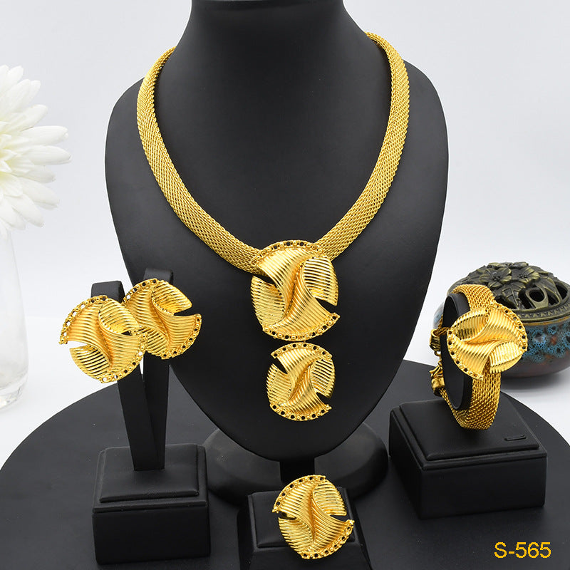 Renevo Hot Sale Fashion Ornament Nigeria Banquet Necklace Earring Bracelet Four-Piece Ring Set in Stock Lot