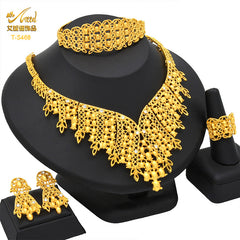 Renevo Hot Selling Four-Piece Set India Dubai Alluvial Gold Jewelry Necklace Bracelet Ring Earrings Bridal Wedding Big Jewelry