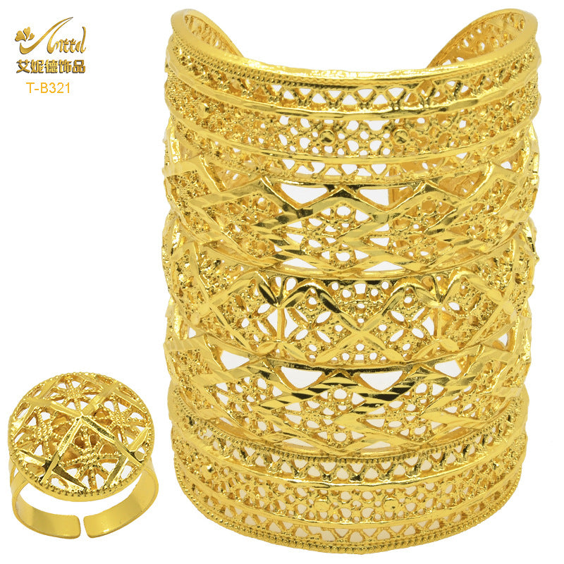 Renevo Open Copper Bracelet Ring Suit Dubai Hollow Carved Gold Plated Ornament Bridal Alluvial Gold Jewelry Manufacturer