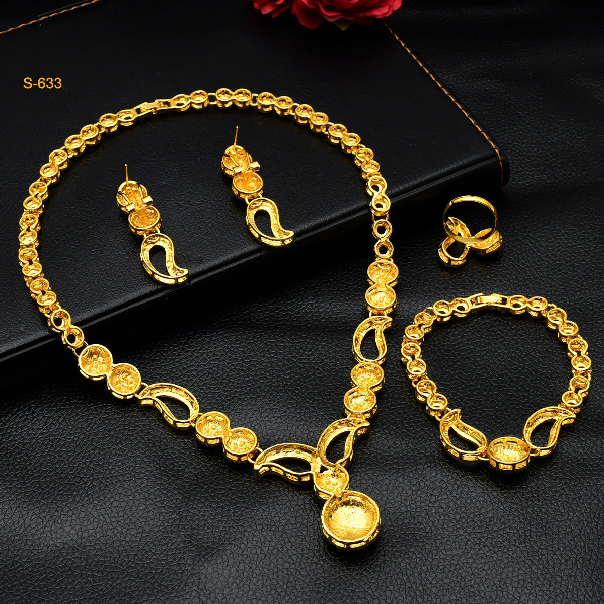 Renevo 24K Jewelry Set Necklace Earring Bracelet Ring Hot Sale Indian Bride Ornament Suit Manufacturer