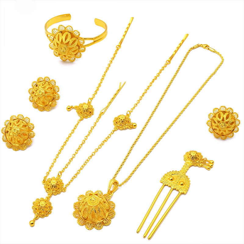 Renevo New Dubai 24K Gold Jewelry Suit African Bridal Necklace Earring Ring Bracelet Hairpin Head Chain Six-Piece Set