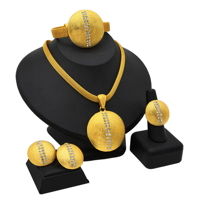 Renevo 24K Dubai Gold Accessories Bridal Necklace Bracelet Earrings Four-Piece Ring Set African Women's Jewelry Suit