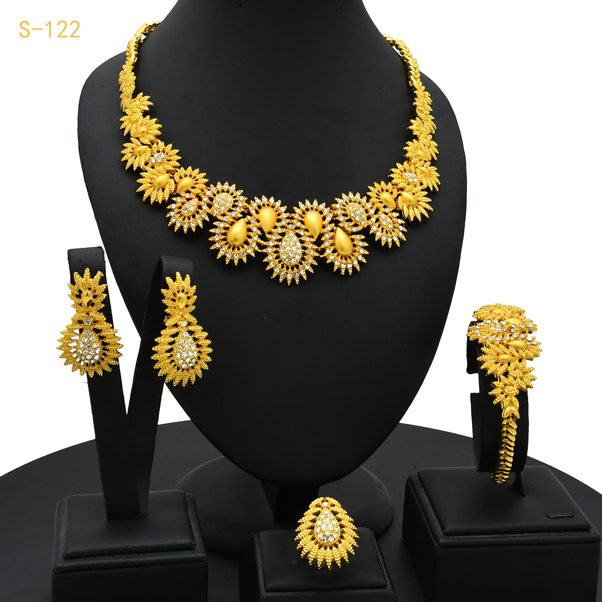 Renevo Dubai Middle East Jewelry Suit Rhinestone Necklace Suit Bracelet Ring Earrings Wedding Necklace Suit in Stock