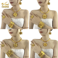 Renevo Wedding Jewelry Suit Copper-Plated Gold Earrings Necklace Ring Open Large Bracelet Not Easy to Fade Set Chain