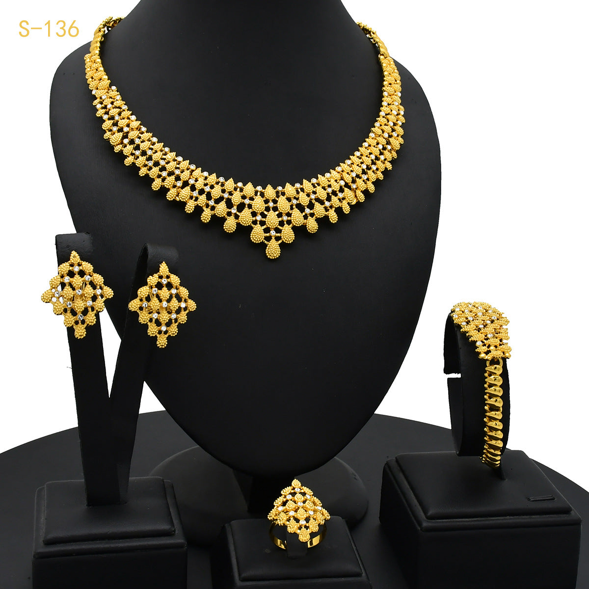 Renevo Dubai 24K Gold Accessories African Bridal Jewelry Suit Saudi Women Necklace Bracelet Earrings Four-Piece Ring Set