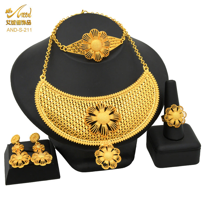 Renevo Nigeria Dubai 24K Gold Jewelry Suit Bridal Necklace Bracelet Earrings Four-Piece Ring Set