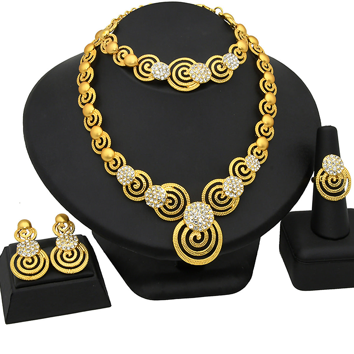 Renevo Dubai 24K Gold Accessories African Bridal Jewelry Suit Saudi Women Necklace Bracelet Earrings Four-Piece Ring Set