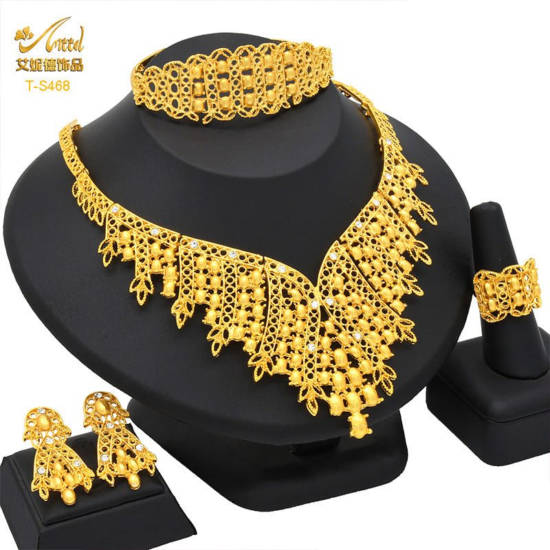 Renevo Dubai 24K Gold Accessories African Bridal Jewelry Suit Saudi Women Necklace Bracelet Earrings Four-Piece Ring Set