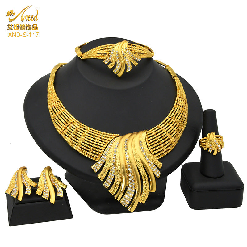 Renevo Hot Selling Four-Piece Set India Dubai Alluvial Gold Jewelry Necklace Bracelet Ring Earrings Bridal Wedding Big Jewelry