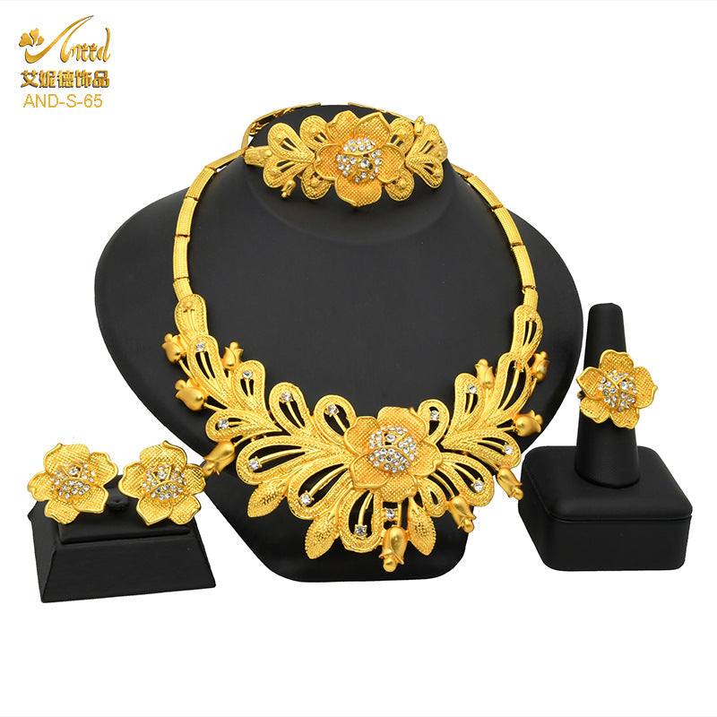 Renevo Dubai 24K Gold Accessories African Bridal Jewelry Suit Saudi Women Necklace Bracelet Earrings Four-Piece Ring Set