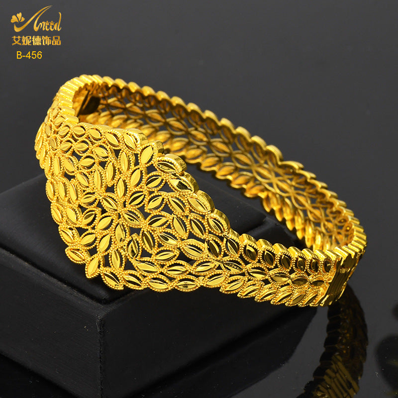 Renevo 24K Gold Plated Exquisite Open Big Copper Bracelet Dubai Women's Vintage Jewelry Ornament Alluvial Gold Bracelet