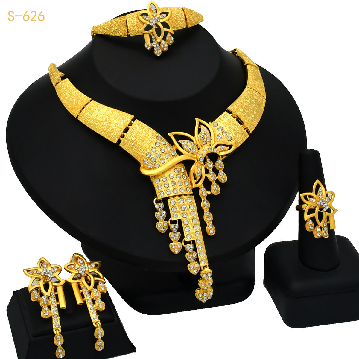 Renevo Nigeria Middle East Bride Gold-Plated Jewelry Suit Flower Exaggerated Long Necklace Ring Bracelet Earrings Four-Piece Set