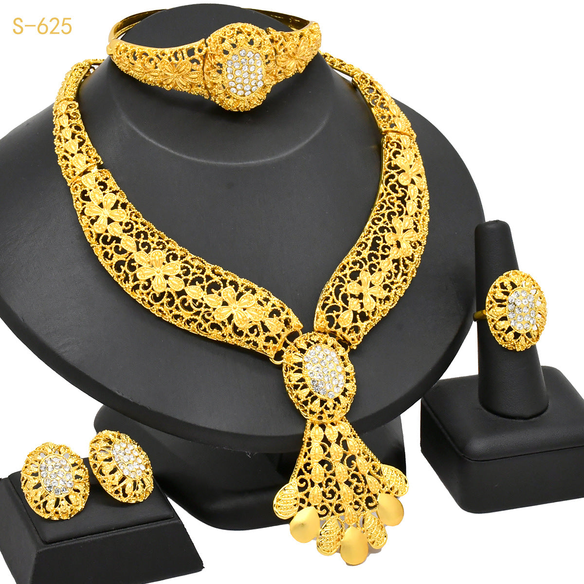 Renevo Nigeria Middle East Bride Gold-Plated Jewelry Suit Flower Exaggerated Long Necklace Ring Bracelet Earrings Four-Piece Set