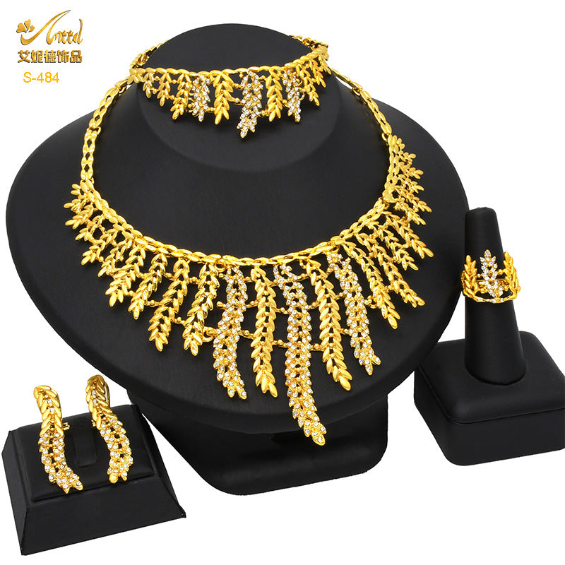 Renevo Dubai Middle East Jewelry Suit Rhinestone Necklace Suit Bracelet Ring Earrings Wedding Necklace Suit in Stock