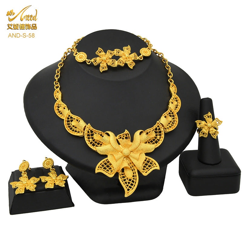 Renevo 24K Dubai Gold Accessories Bridal Necklace Bracelet Earrings Four-Piece Ring Set African Women's Jewelry Suit