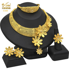 Renevo Dubai Gold Accessories Indian Flower Bridal Jewelry Suit Saudi Women's Necklace Bracelet Earrings Four-Piece Ring Set