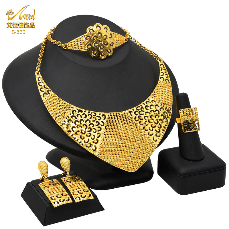 Renevo Nigeria Dubai 24K Gold Jewelry Suit Bridal Necklace Bracelet Earrings Four-Piece Ring Set