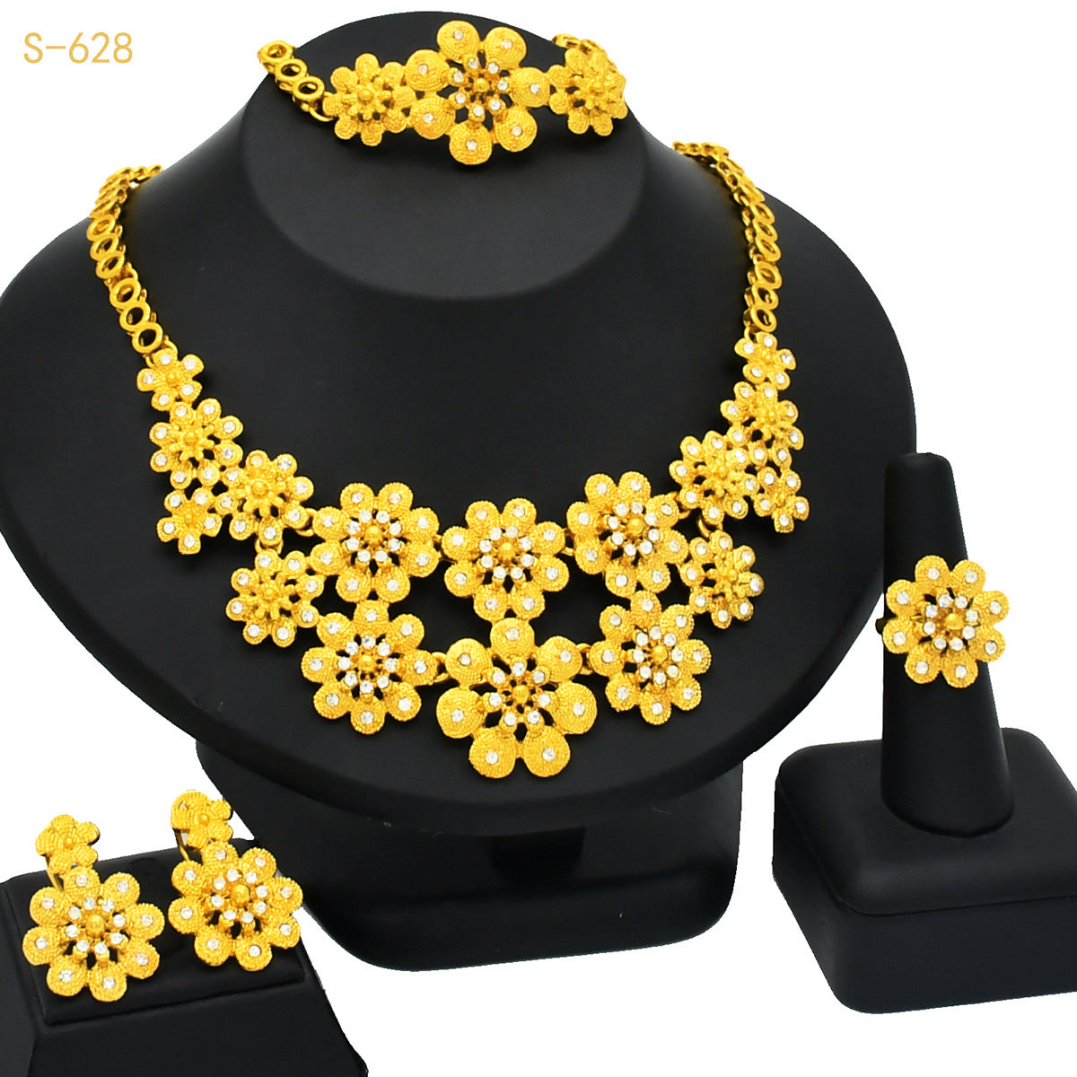 Renevo Nigeria Middle East Bride Gold-Plated Jewelry Suit Flower Exaggerated Long Necklace Ring Bracelet Earrings Four-Piece Set