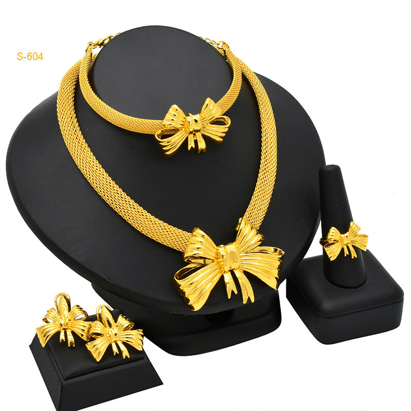 Renevo Middle East Supply Gold-Plated Diamond Bridal Ornament Four-Piece Set Necklace Earrings Bracelet Ring Jewelry Suit