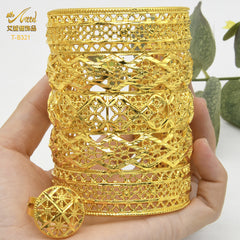 Renevo Open Copper Bracelet Ring Suit Dubai Hollow Carved Gold Plated Ornament Bridal Alluvial Gold Jewelry Manufacturer