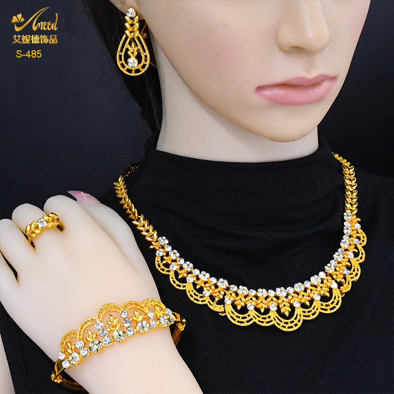 Renevo Dubai Middle East Jewelry Suit Rhinestone Necklace Suit Bracelet Ring Earrings Wedding Necklace Suit in Stock