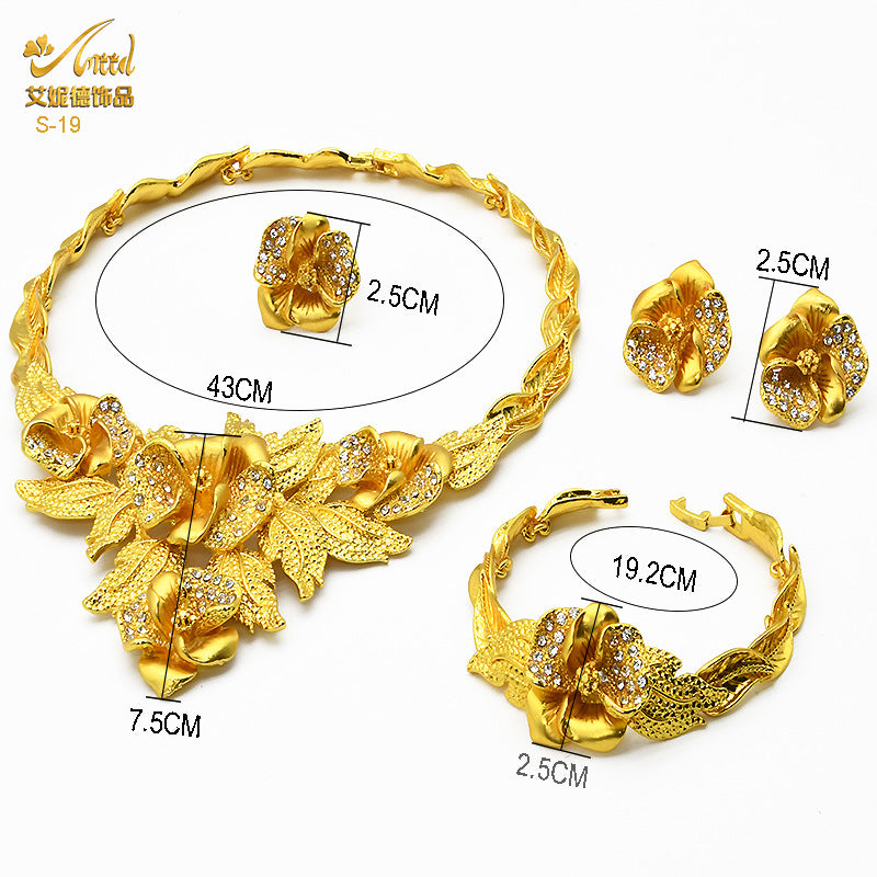 Renevo Dubai 24K Gold Accessories African Bridal Jewelry Suit Saudi Women Necklace Bracelet Earrings Four-Piece Ring Set