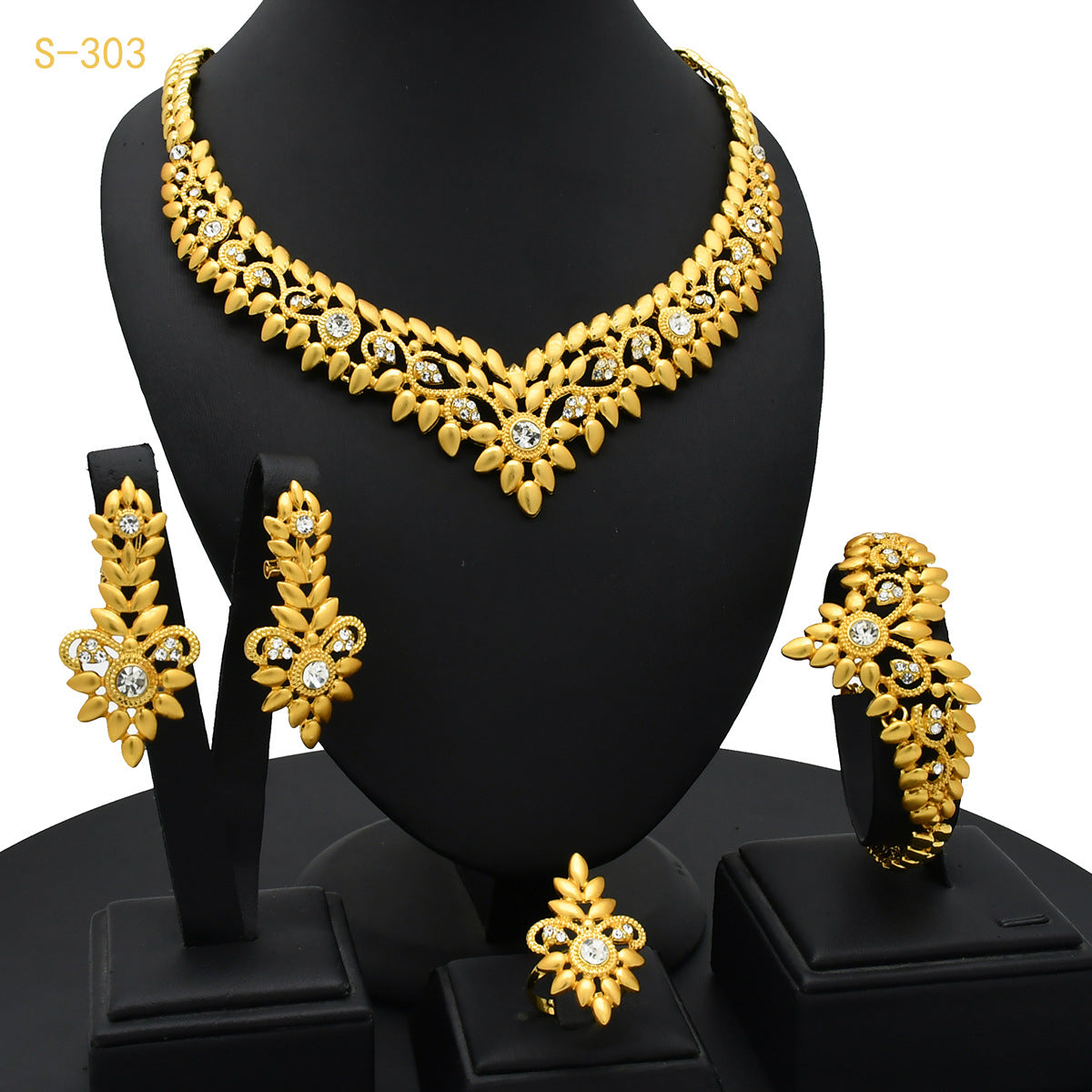 Renevo Fashion Flower Full Diamond Jewelry Four-Piece Necklace Earring Bracelet Ring 24K Gold Middle East Dubai Ornament