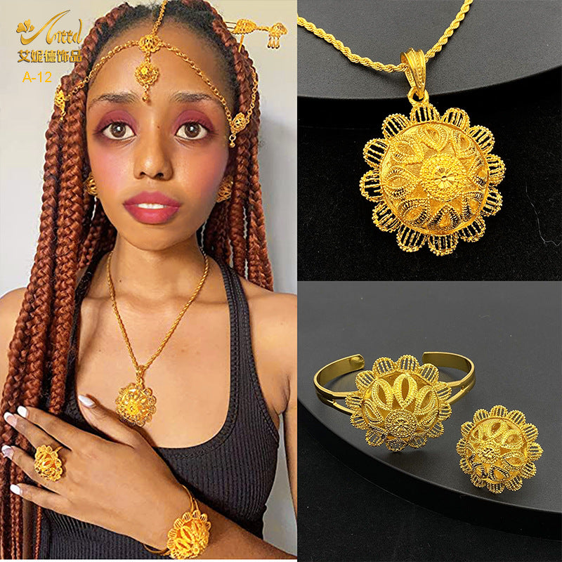 Renevo New Dubai 24K Gold Jewelry Suit African Bridal Necklace Earring Ring Bracelet Hairpin Head Chain Six-Piece Set