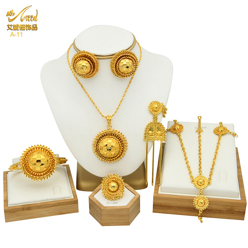 Renevo New Dubai 24K Gold Jewelry Suit African Bridal Necklace Earring Ring Bracelet Hairpin Head Chain Six-Piece Set