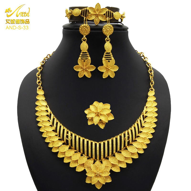 Renevo Nigeria Dubai 24K Gold Jewelry Suit Bridal Necklace Bracelet Earrings Four-Piece Ring Set