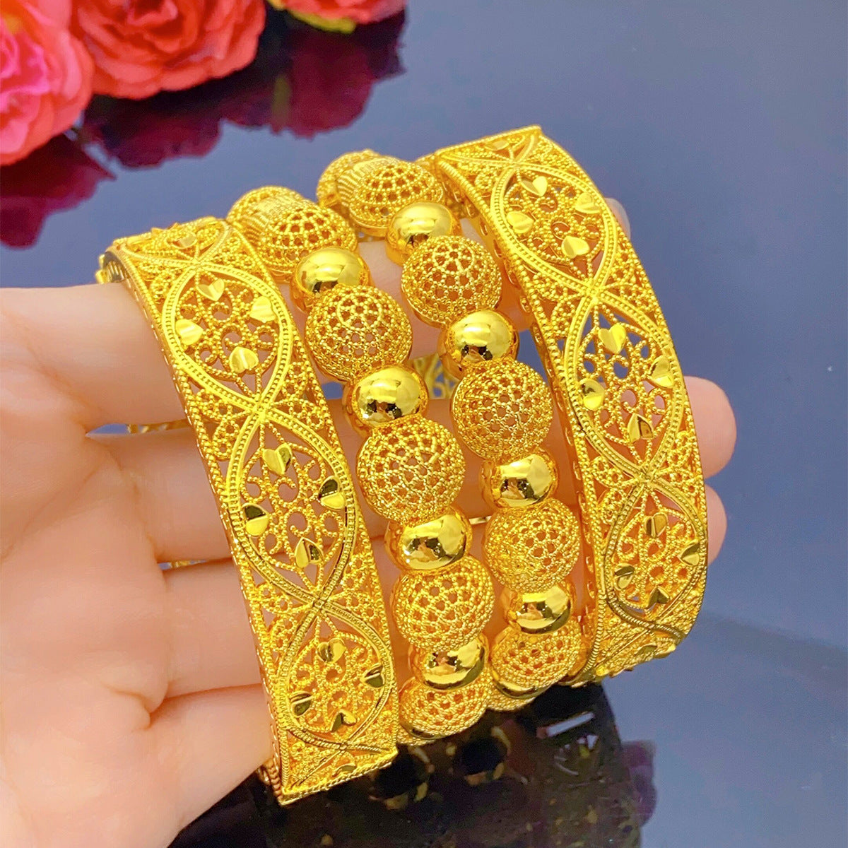 Renevo Dubai 24K Gold Non-Fading Buckle Women's Bracelet Vietnam Placer Gold Bridal Wedding Hollow Bracelet Jewelry Aini