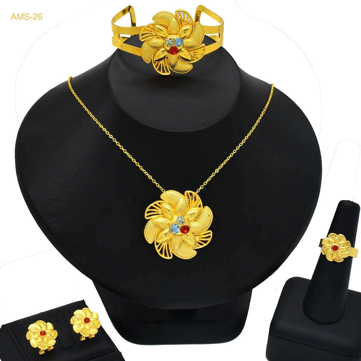 Renevo 24K Gold-Plated Jewelry Suit Flower Three-Petal Grass Pendant Necklace Earrings Bangle Suit Ring Fashion Ornament