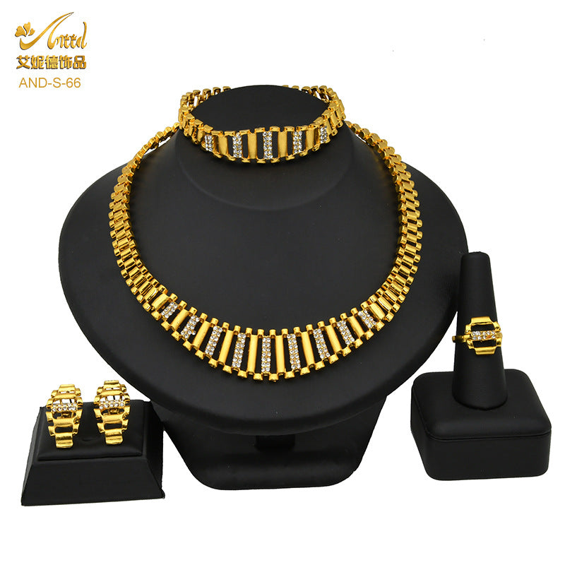 Renevo African Gold Jewelry Suit Women's Dubai Bridal Ornament Necklace Bracelet Earrings Four-Piece Ring Set in Stock Lot