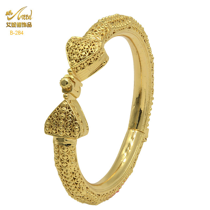 Renevo Hot Sale Gold Plated Copper Bracelet 24K Bridal round Beads Wedding Jewelry Dubai Women Open-Ended Bracelet