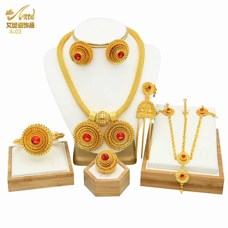 Renevo New Dubai 24K Gold Jewelry Suit African Bridal Necklace Earring Ring Bracelet Hairpin Head Chain Six-Piece Set