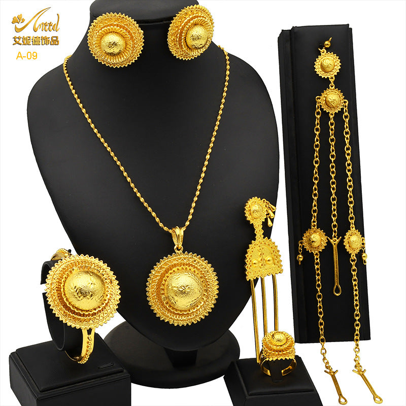 Renevo New Dubai 24K Gold Jewelry Suit African Bridal Necklace Earring Ring Bracelet Hairpin Head Chain Six-Piece Set