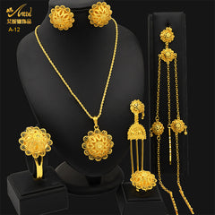 Renevo New Dubai 24K Gold Jewelry Suit African Bridal Necklace Earring Ring Bracelet Hairpin Head Chain Six-Piece Set