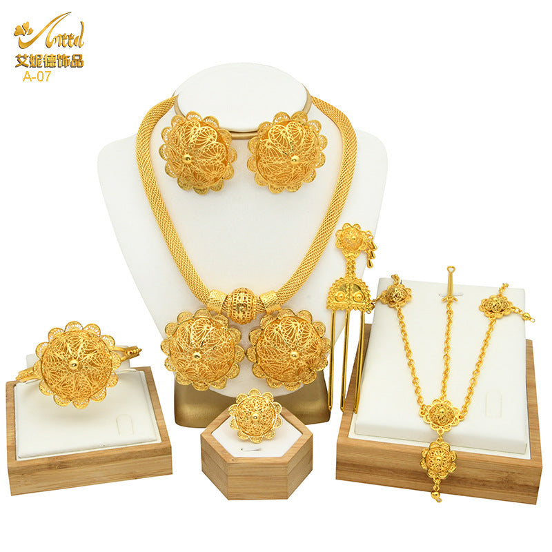 Renevo New Dubai 24K Gold Jewelry Suit African Bridal Necklace Earring Ring Bracelet Hairpin Head Chain Six-Piece Set