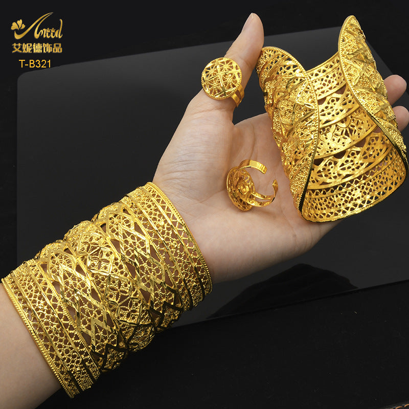 Renevo Open Copper Bracelet Ring Suit Dubai Hollow Carved Gold Plated Ornament Bridal Alluvial Gold Jewelry Manufacturer