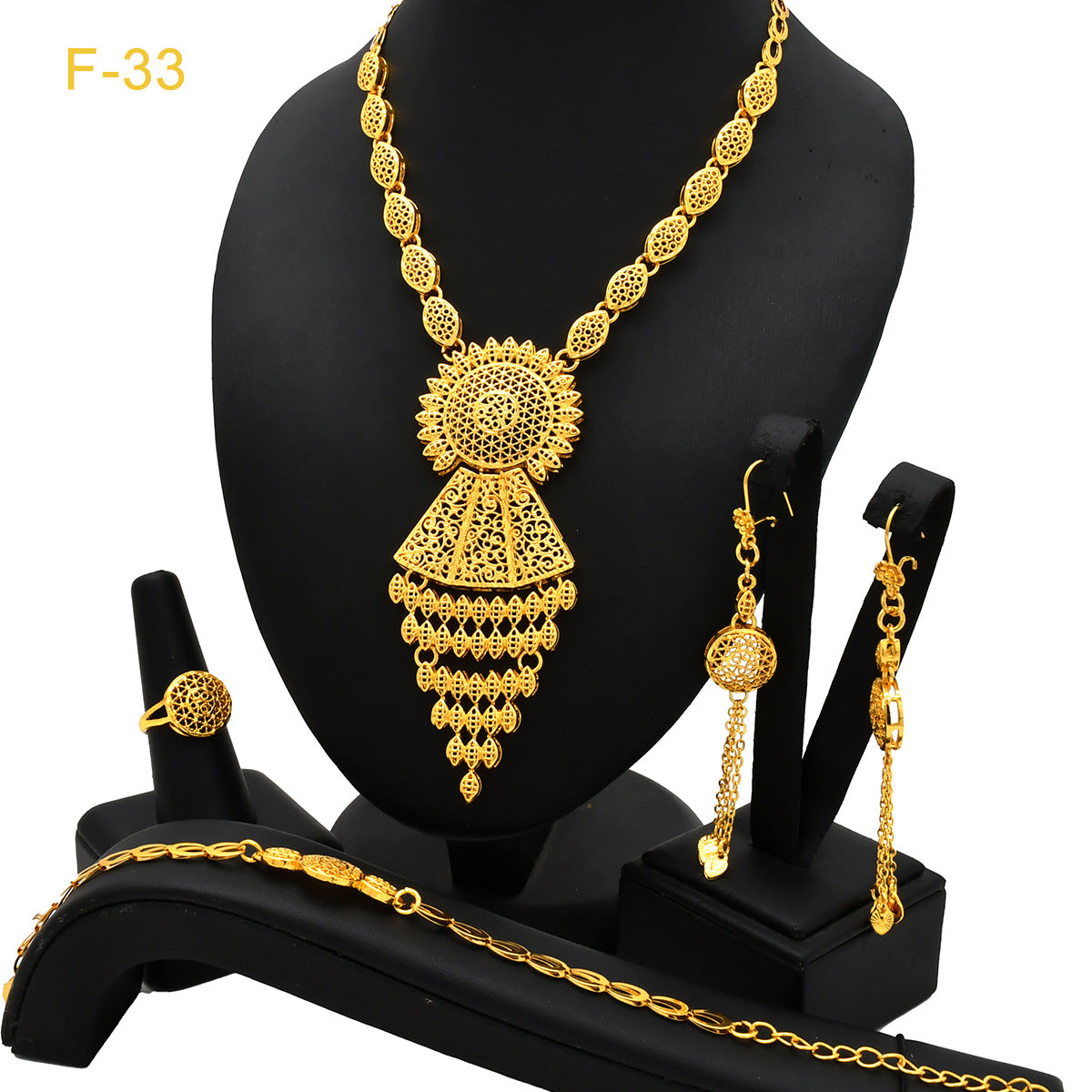 Renevo 2023 Hot Selling Dubai Copper-Plated Gold Long Necklace Earring Bracelet Ring Suit Jewelry Set Women's Jewelry