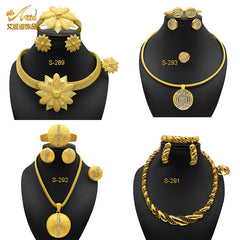 Renevo Hot Sale 24K Gold Plated Dubai Necklace Earring Ring Bracelet Suit Indian Bride Accessories Jewellery Suit