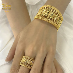 Renevo Gold-Plated Open Copper Bracelet Suit National Wind Sand Gold Accessories Wedding Bride Bracelet & Ring Set Suit