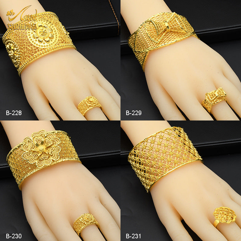 Renevo Hot Sale 24K Gold Plated Dubai Bridal Bracelet Ring Nigeria Women Alluvial Gold Bracelet Ring Ornament